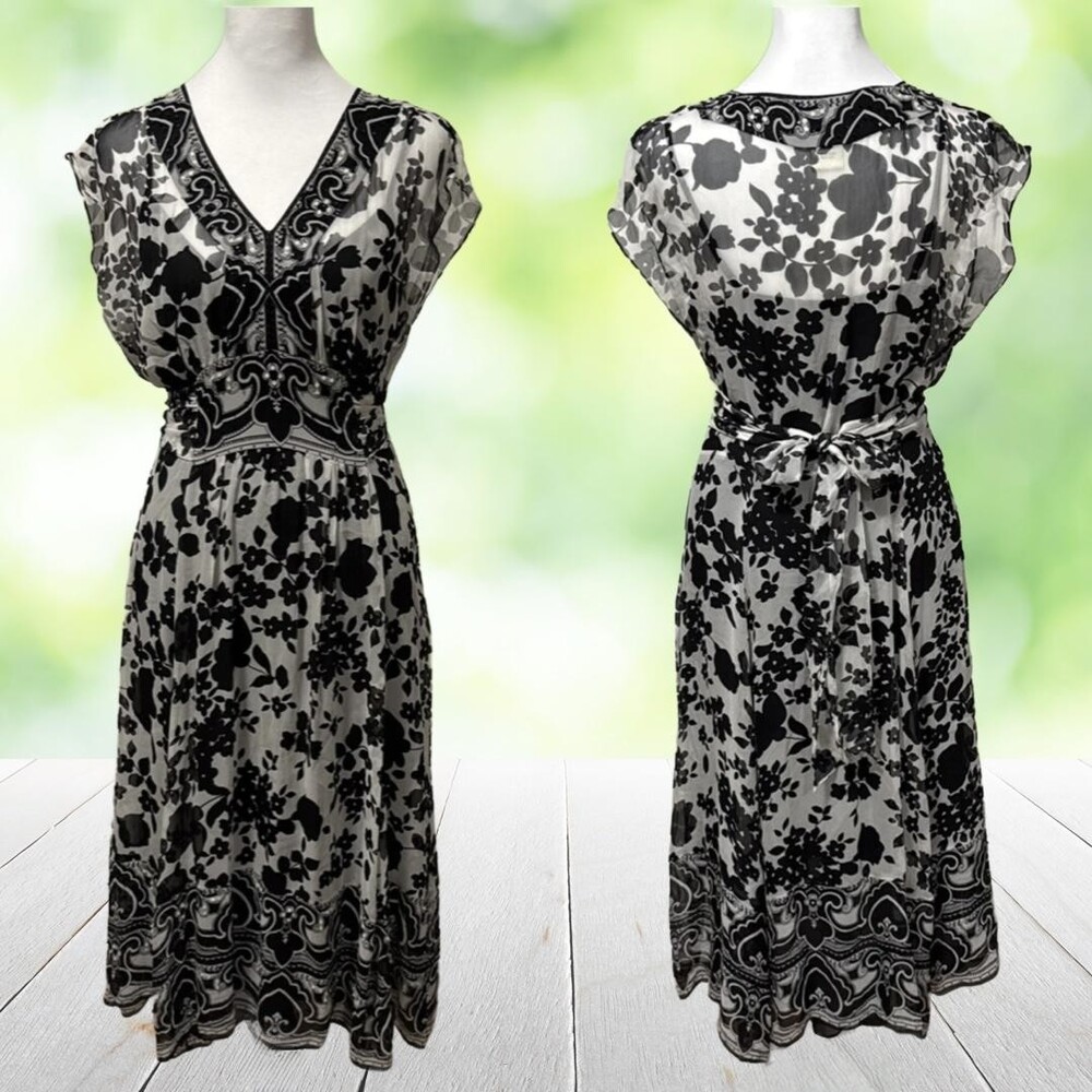 Vintage ICE Silk Dress Black Hand Beaded Chiffon Lined Evening Floral Slip Sz 6